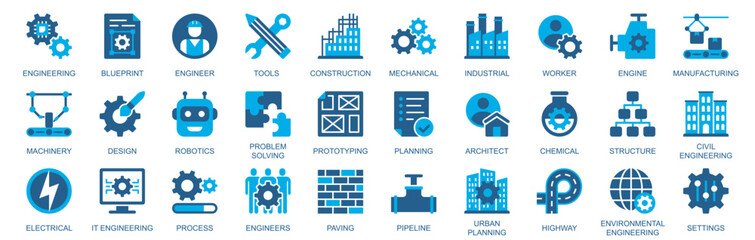 Poster - Engineering icon set in flat duotone solid icons web design. Pack pictograms with blueprint, engineer, tools, mechanical, worker, engine, manufacturing, machinery, process, other. Vector illustration.