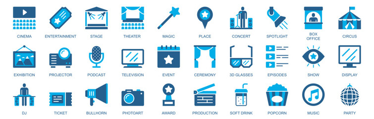 Poster - Show and entertainment icon set in flat duotone solid icons web design. Pack pictograms with cinema, theater, magic, place, concert, box office, circus, exhibition, event, other. Vector illustration.