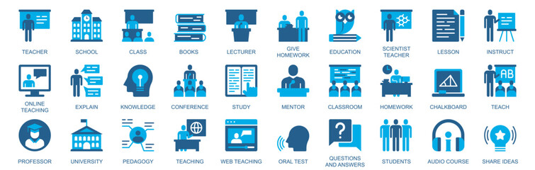 Leinwandbilder - Teacher icon set in flat duotone solid icons web design. Pack pictograms with school, class, books, lecture, homework, education, scientist, lesson, explain, knowledge, other. Vector illustration.