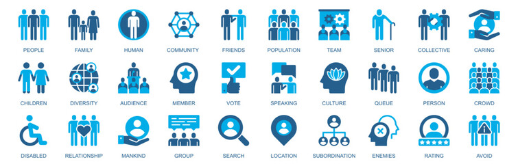 Aufkleber - People icon set in flat duotone solid icons web design. Pack pictograms with family, human, community, friends, population, team, senior, collective, children, diversity, other. Vector illustration.