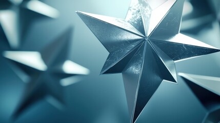Poster - Shimmering metallic stars hang elegantly in mid-air, illuminated by soft blue lighting, creating a magical atmosphere perfect for celebrations and events