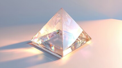Poster - A crystal prism rests on a smooth surface, capturing and refracting light to create a spectrum of colors. The background is softly illuminated, enhancing the tranquil atmosphere at dawn