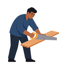 Poster - Carpenter sawing wood in flat design style vector art