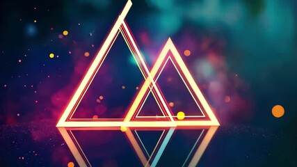 Poster - Colorful neon triangles illuminate vibrant light spots in an abstract display, neon triangles over light spots