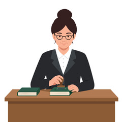 Poster - Professional woman at desk with books in flat minimal vector illustration