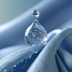 Poster - Water droplet rests elegantly on soft fabric, capturing light and reflections in a serene blue atmosphere