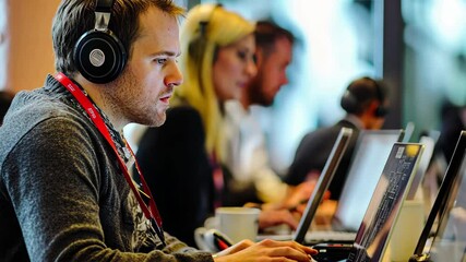 Poster - Call center operators collaborating efficiently while using laptops at a busy workspace, call center operators using laptops to work with clients