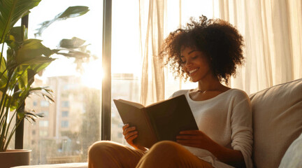 Aufkleber - A woman relaxes on a couch at home, reading a book with a smile. Sunlight streams through large windows, creating a cozy atmosphere while reflecting her contentment during pregnancy.