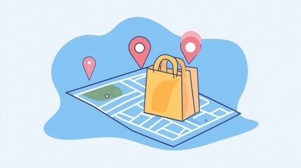 Poster - Delivery route map featuring a grocery bag icon and location pins in a clean design