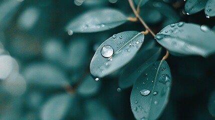 Wall Mural - a macro shot of a single leaf droplet amidst a hazy backdrop of various foliage dripping with moistu