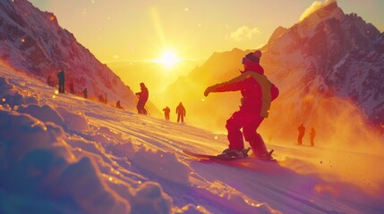 Aufkleber - Skiers glide down snow covered slopes as the sun sets behind the majestic mountains, casting vibrant hues across the winter landscape and creating a lively atmosphere.