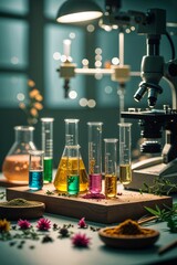 Poster - colorful laboratory setup showcasing various experiments with liquids and natural ingredients in bea