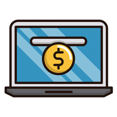 Poster - Secure Online Payment Success A Golden Coin Drops Into A Laptop Screen Symbolizing Financial Transaction Completion With Clean Simple Graphic Design
