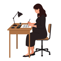 Poster - woman sketching designs at a desk in minimal flat vector art