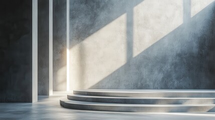 Leinwandbilder - Minimalist interior with curved steps and soft sunlight illuminating a serene space during the day