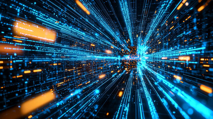 Poster - Abstract digital data stream glowing blue and orange futuristic technology background code cyber