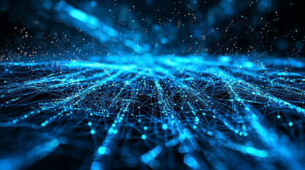 Poster - Abstract blue network digital data flow background image web mesh lines cyber space points bright