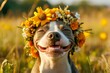 © A - Sunny days happiness. Cute baby dog american staffordshire terrier wearing fierce flower crown on its head. Sunny daylight. Sunny holidays with a dog. Cute puppy in a blooming field.