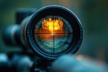 Fototapete - Sharp focus through a rifle scope captures a stunning sunset with vibrant colors on the horizon and detailed lens reflections in a serene outdoor setting