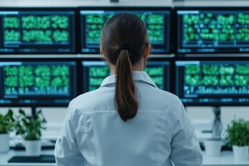 Poster - Scientist analyzing data on multiple computer screens in futuristic laboratory setting