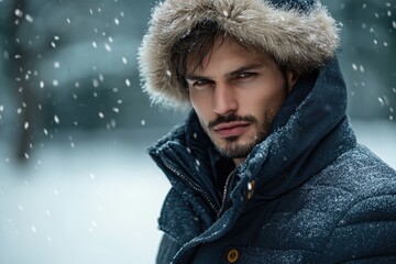 Poster - Young man in a winter coat with fur hood standing in falling snow in a forest, showcasing a serious expression