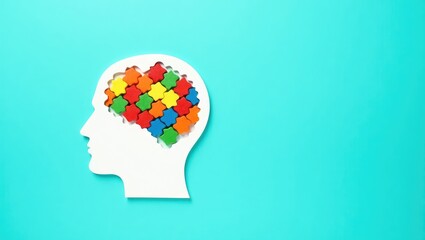 Poster - Mental health idea. Human brain constructed from various colored wooden blocks.