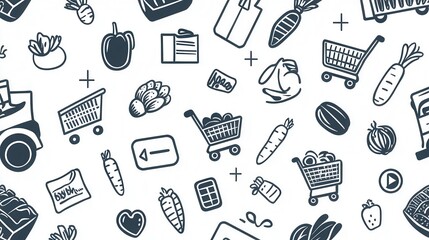 Aufkleber - Explore a seamless pattern of grocery-themed icons featuring shopping carts and fresh vegetables in a minimalistic monochrome design