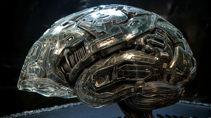 Poster - Futuristic metallic brain structure detailed 3d render dark gray abstract technology gear robot model