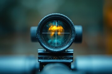 Fototapete - Sharp focus through a rifle scope captures a stunning sunset with vibrant colors on the horizon and detailed lens reflections in a serene outdoor setting