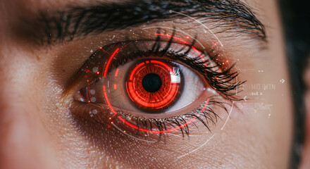 Poster - Futuristic woman eye with hud interface display overlays for bionic augmentations, augmented reality screen, visual data, cyber technology and futuristic healthcare