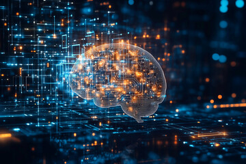 Poster - Abstract digital brain circuitry neural network technology innovation data blue dark lines future