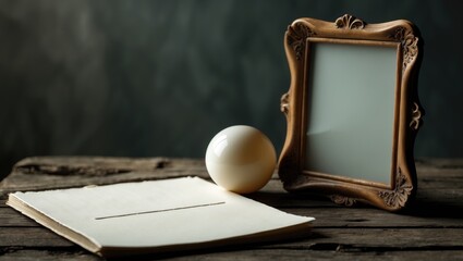 mockup of a notepad featuring a blank line, a decorative picture frame, and a sphere on a table.