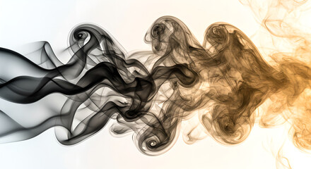 Poster - Black and gold smoke swirling and dancing on white background perfect for art project, creative design, mystical background, wallpaper or modern presentation.