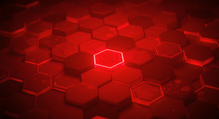 Poster - Red glowing hexagon mosaic background for cyber technology, metaverse concept, security system. Abstract futuristic geometric surface for virtual reality experience, sci-fi poster