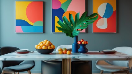 Poster - minimalist arrangement on the design table featuring fruits, a tropical leaf in a vase, abstract art