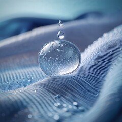 Poster - Droplets of water forming on blue fabric create an artistic and serene atmosphere in this close-up shot