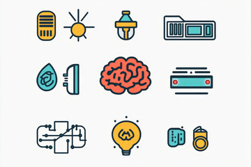 Poster - Colorful technology icons set digital brain idea design elements sun air data water vector modern