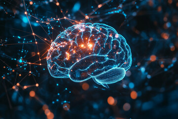 Poster - Abstract digital brain neural network connections illuminated mind data blue dark mesh nodes lines
