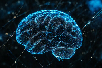 Poster - Abstract digital human brain network neural connections 3d mind idea data blue dots mesh lines future