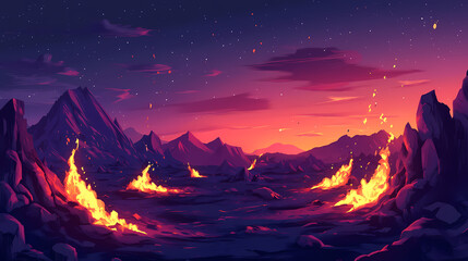 Wall Mural - Flames erupt from glowing embers in a volcanic landscape during twilight hours. Ember Twilight. Illustration