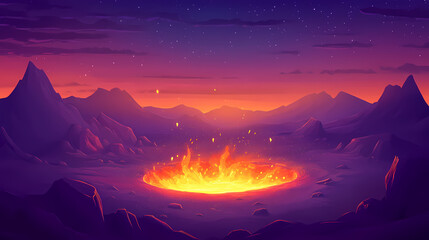 Wall Mural - Glowing ember pits in a mystical desert landscape at twilight. emberglow. illustration. Ember Twilight. Illustration