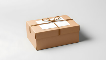 mockup of closed gift box from brown cardboard with the blank label on top. shipment packaging display using recycled material for branding campaign and promotions, flat design. White tone