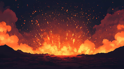 Wall Mural - Lava flow with splashes, dark volcanic soil, dramatic natural landscape. Ember Twilight. Illustration