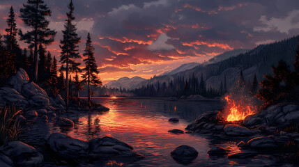 Wall Mural - Softly glowing embers sink into the twilight landscape, soft, warm,. Ember Twilight. Illustration