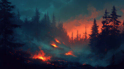 Wall Mural - Softly glowing embers sink into the twilight landscape, misty, ember, glow. Ember Twilight. Illustration