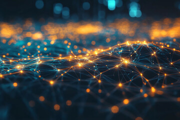 Poster - Abstract network connection digital data flow orange blue technology background web grid mesh lines