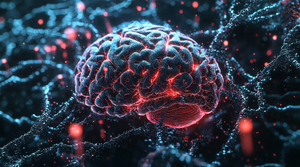 Poster - Abstract human brain anatomy glowing red and blue neural network 3d art mind dark light render energy