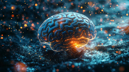 Poster - Glowing human brain neural network abstract concept art 3d blue mind light render orange energy