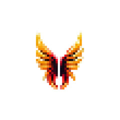 Poster - Yellow pixel wings. Wings for game design fire style. Vector demon wing icon. Wings texture for games. Flight logo with wings vector. Wings in retro style.