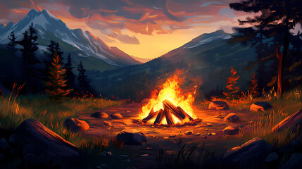 Wall Mural - Crackling campfire with burning flames and glowing embers set against a picturesque mountain landscape at dusk the warm glow illuminates the tranquil outdoor scene. Ember Twilight. Illustration